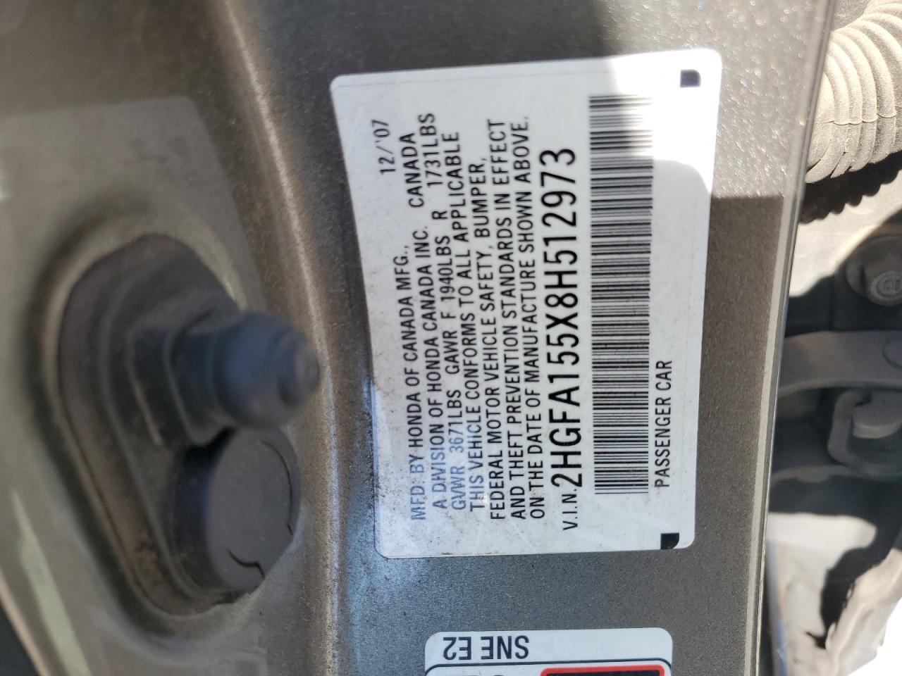 2008 Honda Civic Lx VIN: 2HGFA155X8H512973 Lot: 59050545