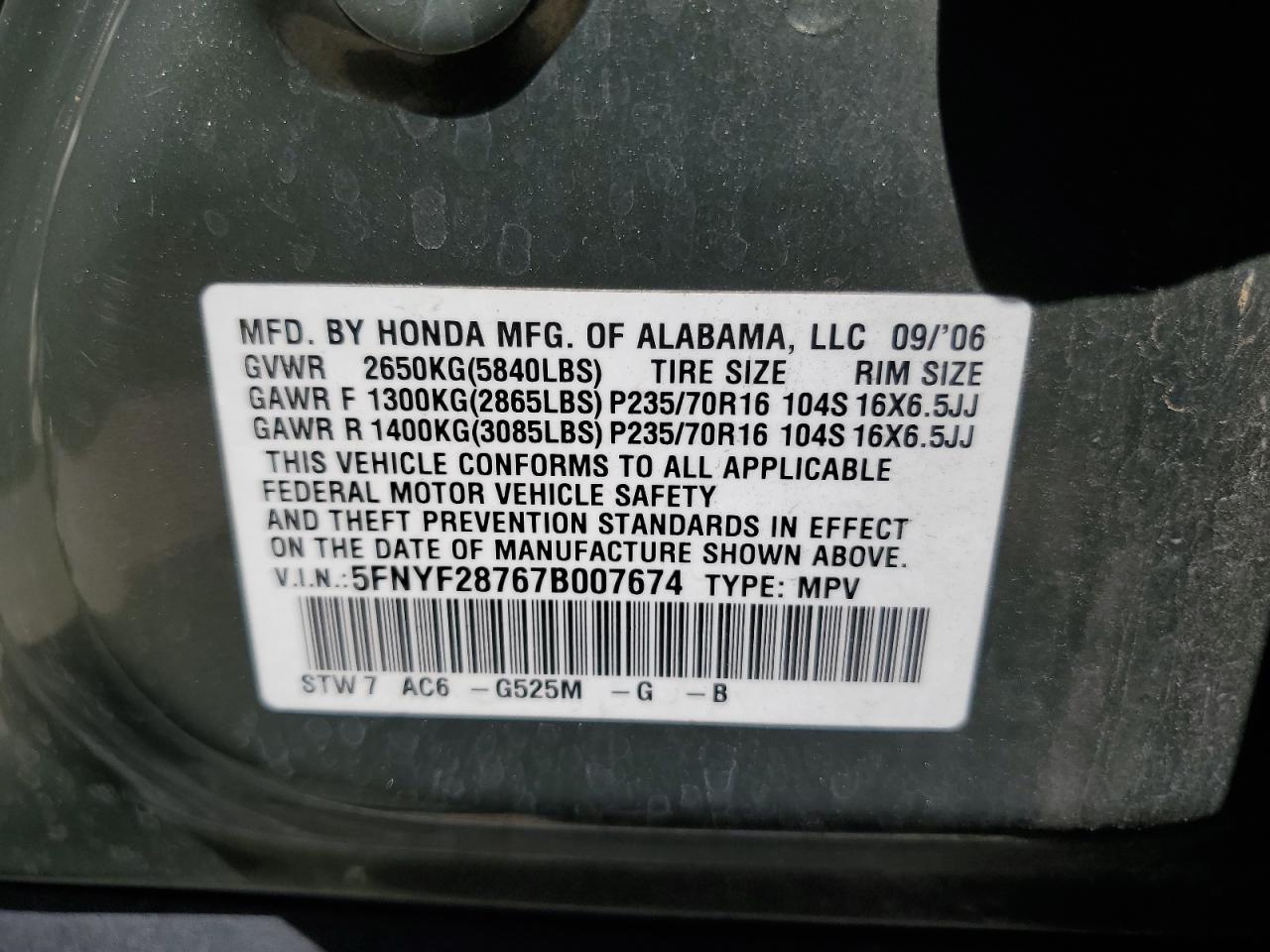 2007 Honda Pilot Exl VIN: 5FNYF28767B007674 Lot: 60705515