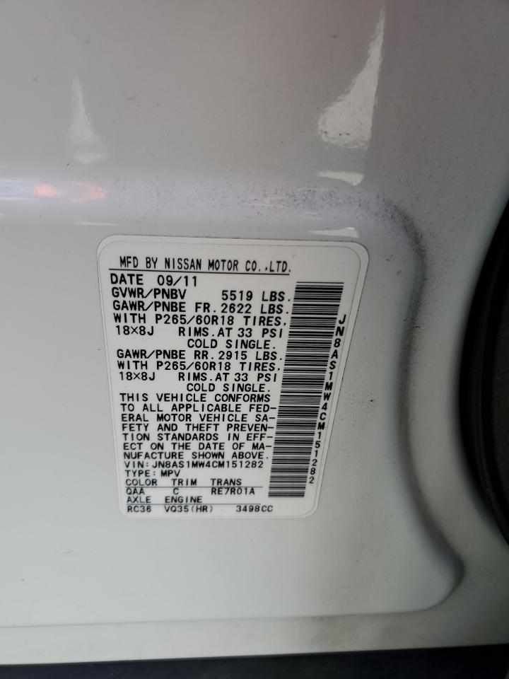 2012 Infiniti Fx35 VIN: JN8AS1MW4CM151282 Lot: 62076375