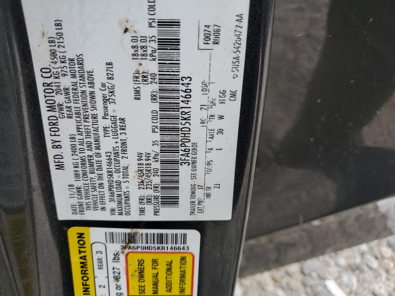 FORD FUSION 2019 VIN 3FA6P0HD5KR146643 zdjęcie 12