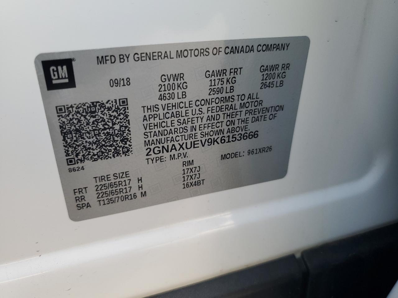 2019 Chevrolet Equinox Lt VIN: 2GNAXUEV9K6153666 Lot: 63062375