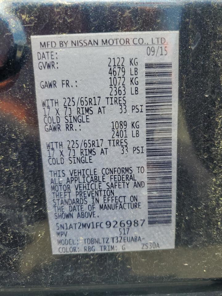 2015 Nissan Rogue S VIN: 5N1AT2MV1FC926987 Lot: 62581645