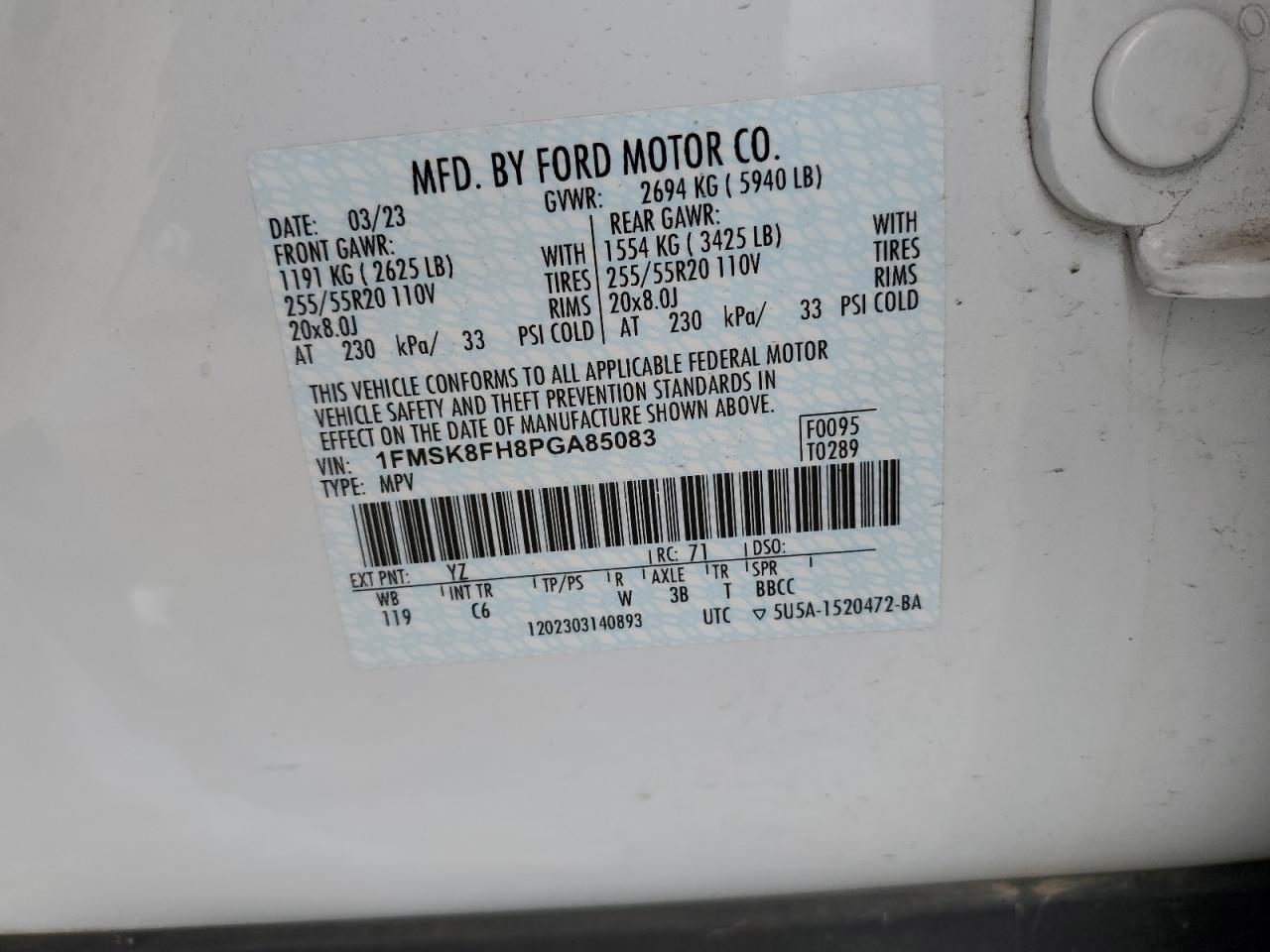 2023 Ford Explorer Limited VIN: 1FMSK8FH8PGA85083 Lot: 61189975