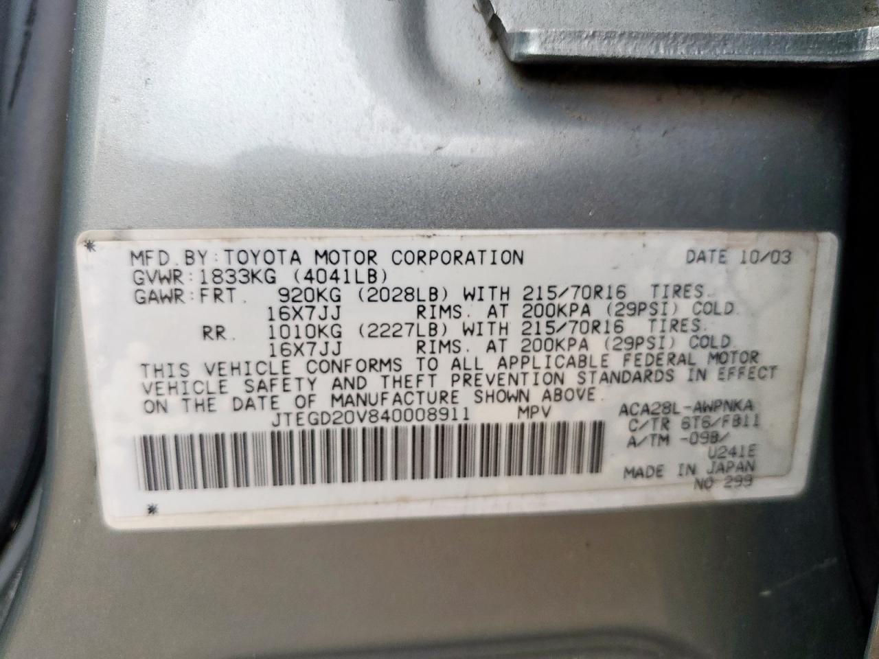 2004 Toyota Rav4 VIN: JTEGD20V840008911 Lot: 61399065