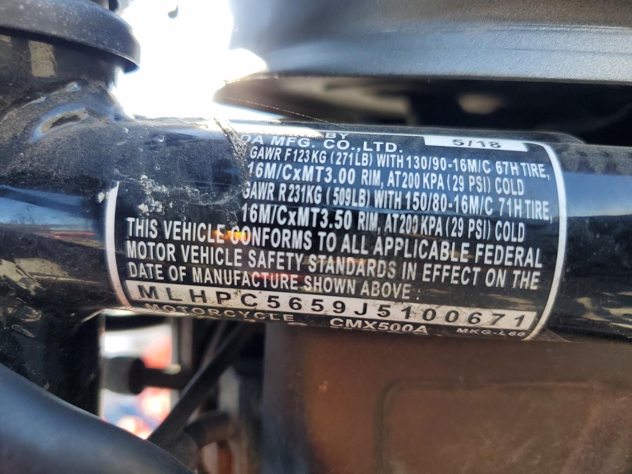 2018 Honda Cmx500 A VIN: MLHPC5659J5100671 Lot: 62703865