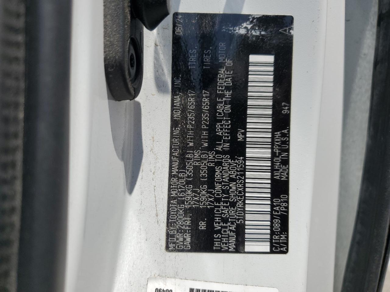 2024 Toyota Sienna Xle VIN: 5TDYRKECXRS211594 Lot: 61177835