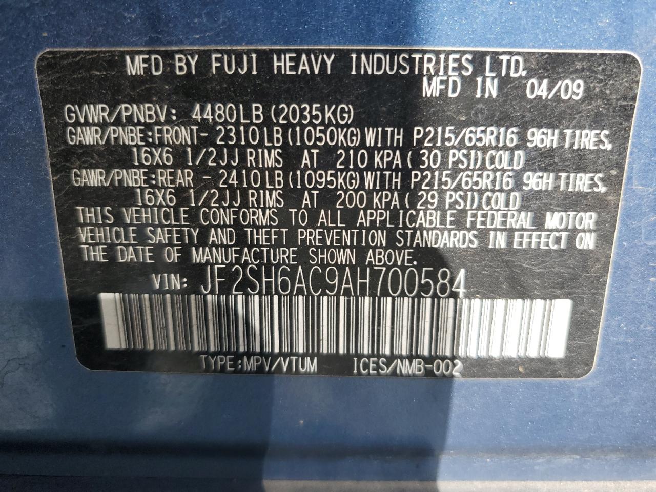 2010 Subaru Forester 2.5X VIN: JF2SH6AC9AH700584 Lot: 62501095