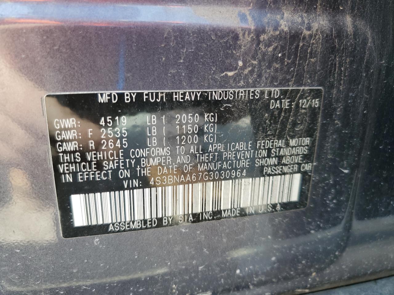 2016 Subaru Legacy 2.5I VIN: 4S3BNAA67G3030964 Lot: 62265155