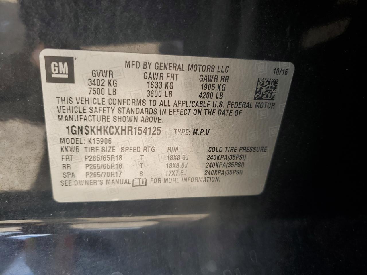 2017 Chevrolet Suburban K1500 Lt VIN: 1GNSKHKCXHR154125 Lot: 61239525