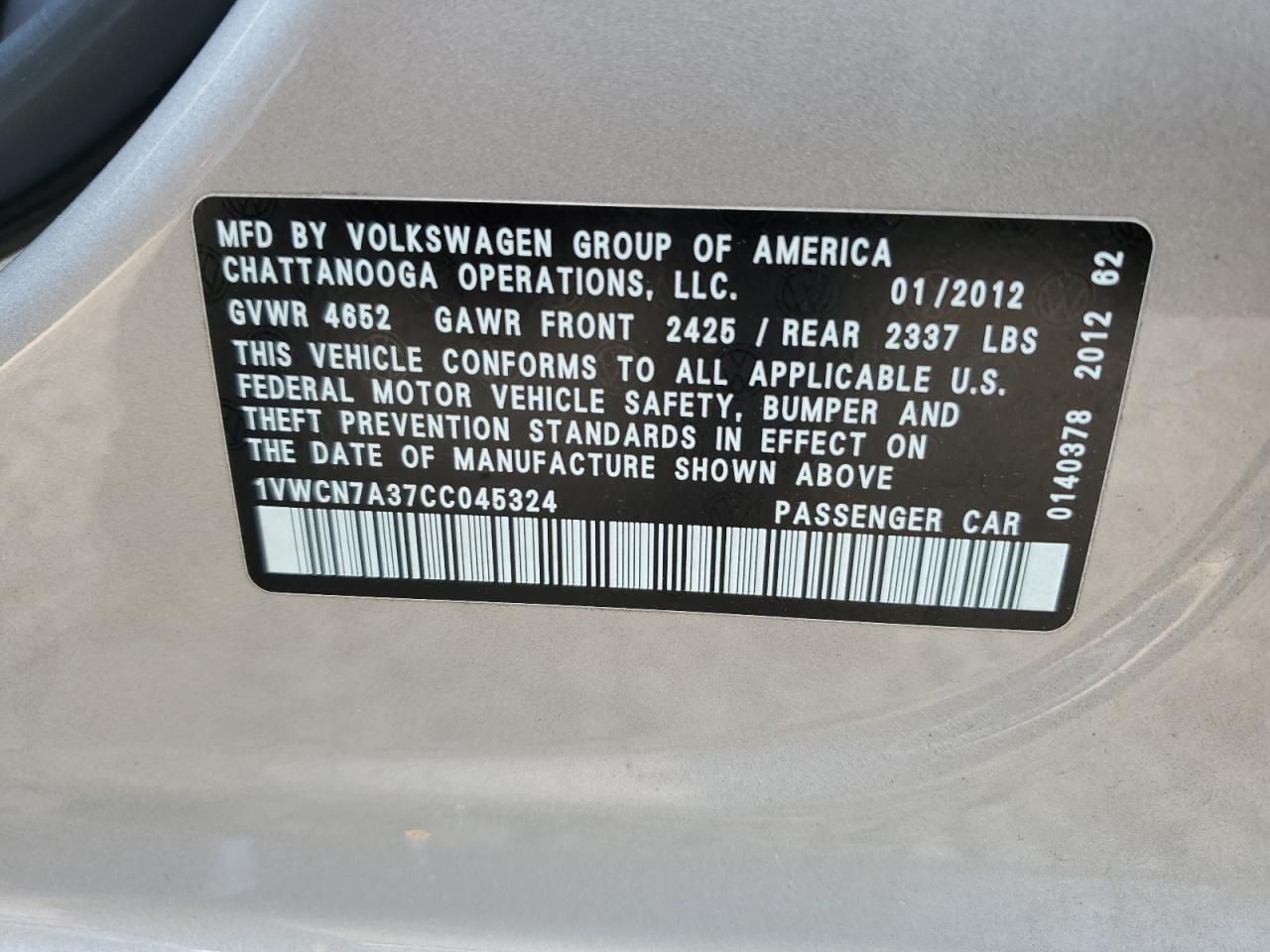 2012 Volkswagen Passat Sel VIN: 1VWCN7A37CC045324 Lot: 62823805
