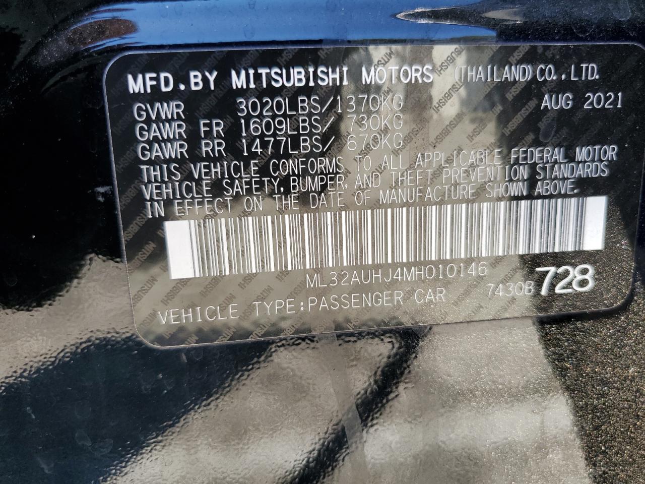 2021 Mitsubishi Mirage Es VIN: ML32AUHJ4MH010146 Lot: 63068495
