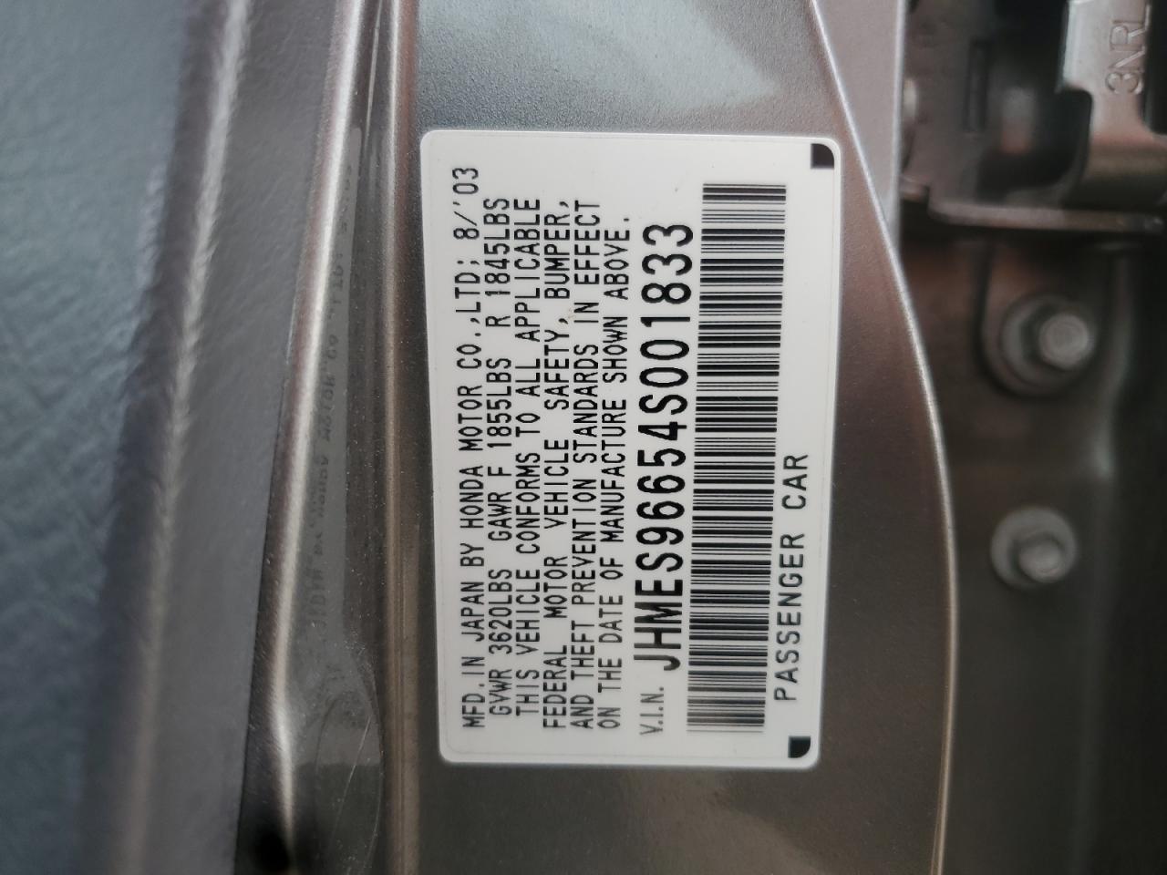 2004 Honda Civic Hybrid VIN: JHMES96654S001833 Lot: 61678675