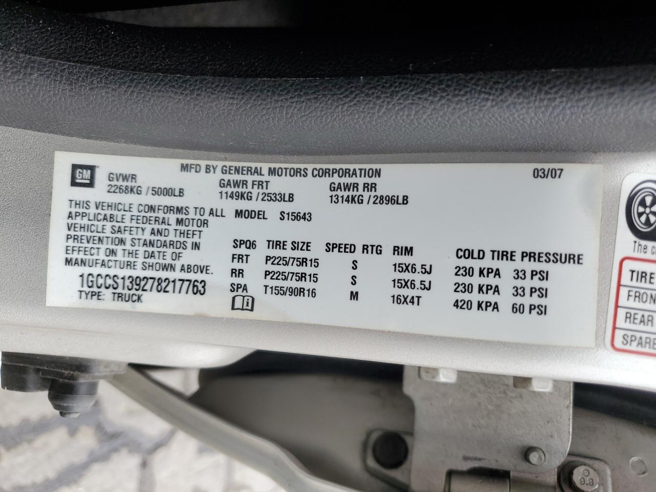 CHEVROLET COLORADO 2007 VIN 1GCCS139278217763 фото 13