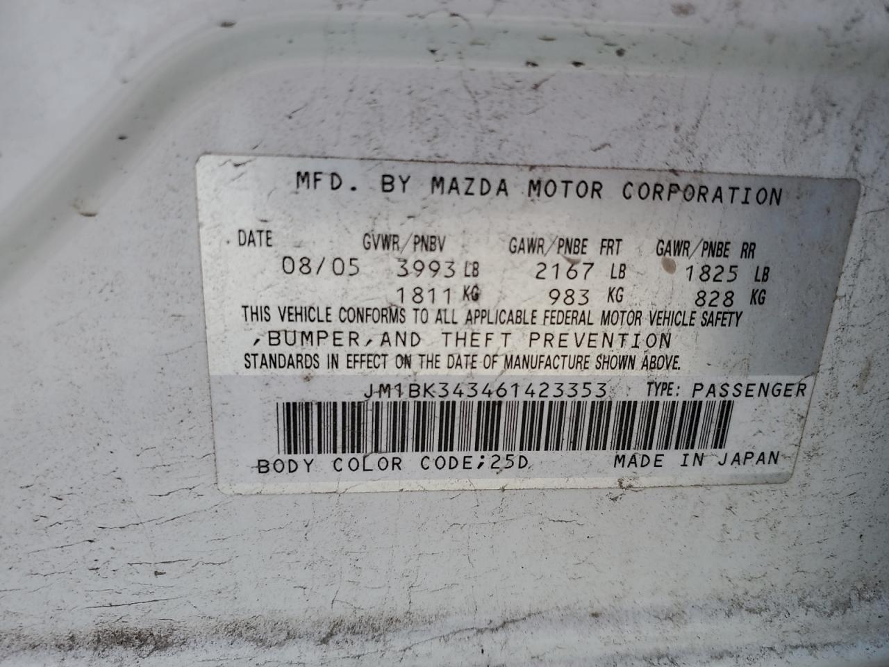 2006 Mazda 3 Hatchback VIN: JM1BK343461423353 Lot: 62210615