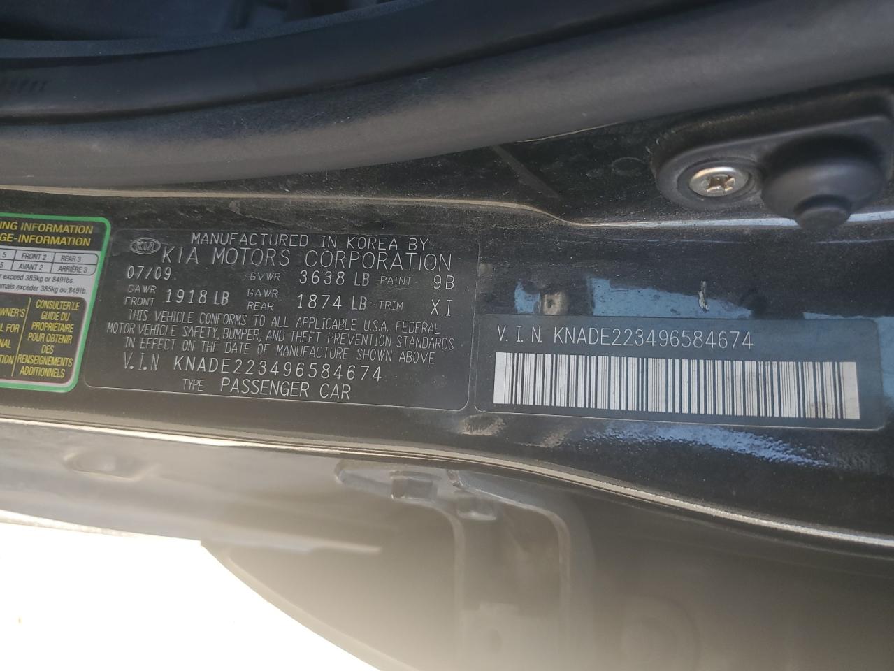 2009 Kia Rio Base VIN: KNADE223496584674 Lot: 62762945