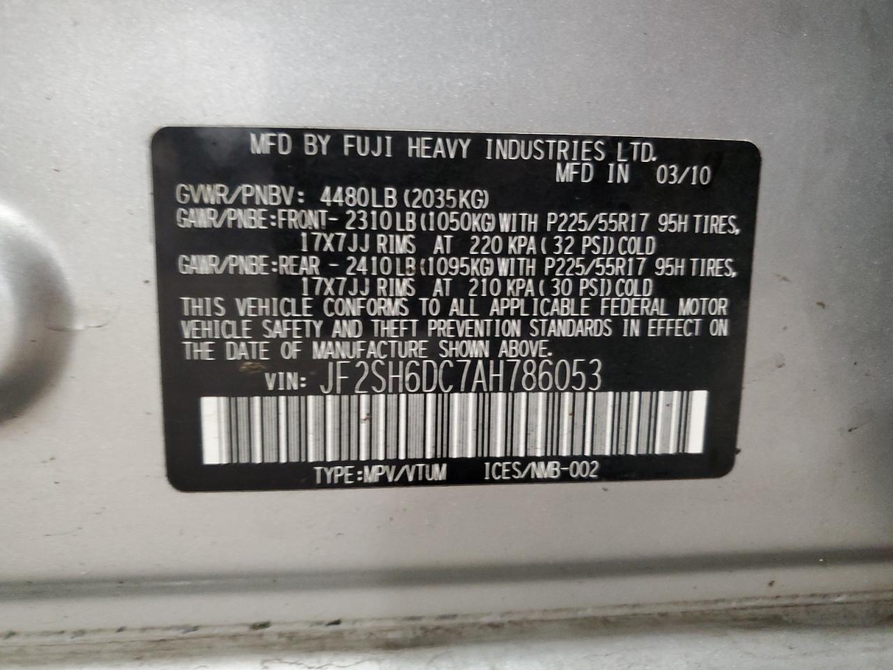 2010 Subaru Forester 2.5X Limited VIN: JF2SH6DC7AH786053 Lot: 60605235