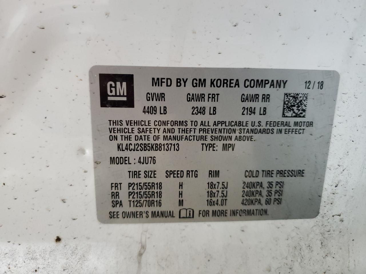 2019 Buick Encore Sport Touring VIN: KL4CJ2SB5KB813713 Lot: 62141425
