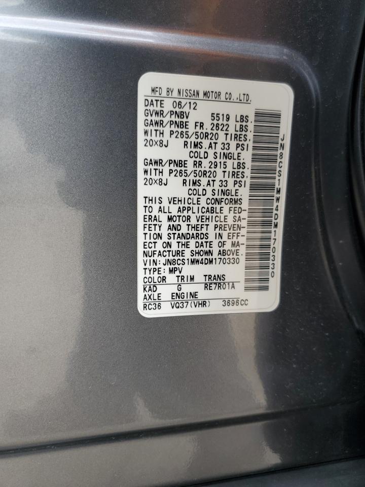 2013 Infiniti Fx37 VIN: JN8CS1MW4DM170330 Lot: 60614705