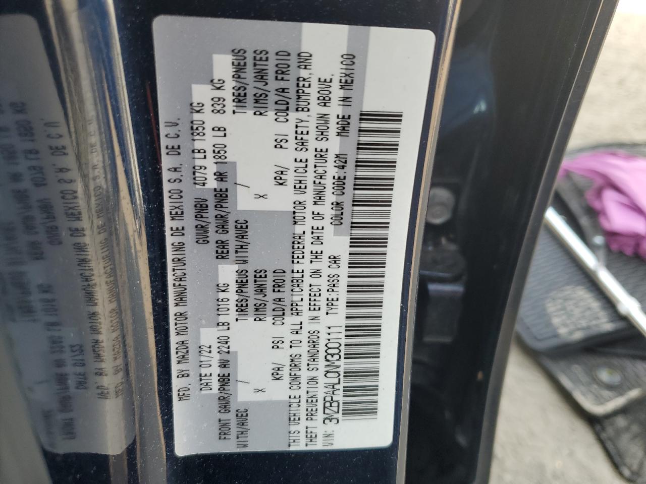 2022 Mazda 3 VIN: 3MZBPAAL0NM300111 Lot: 59485255