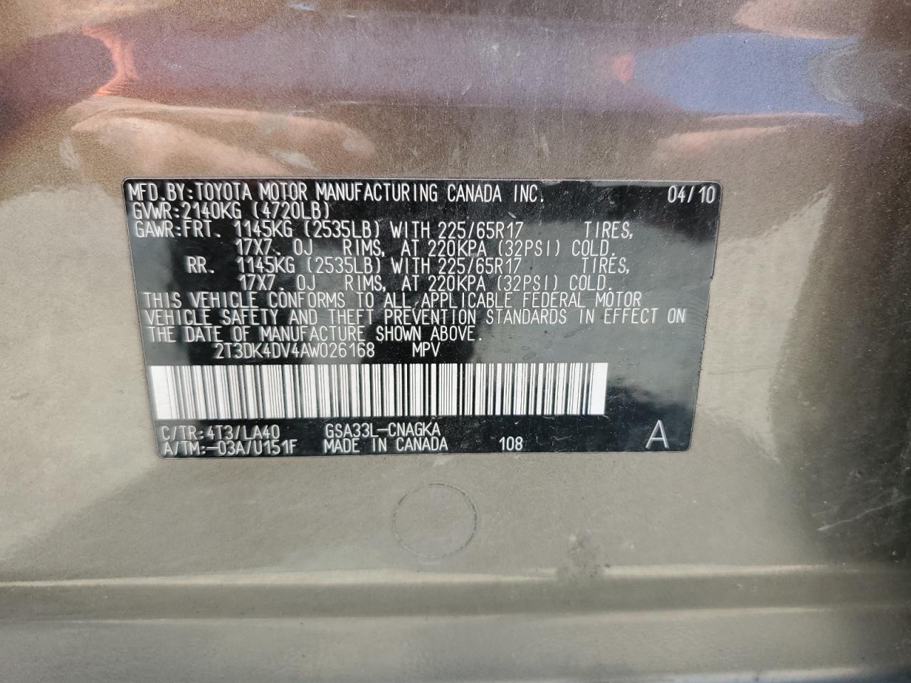 2010 Toyota Rav4 Limited VIN: 2T3DK4DV4AW026168 Lot: 62595195