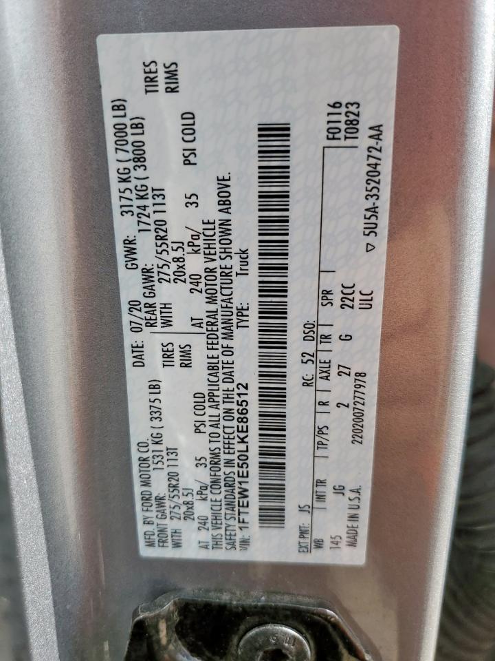2020 Ford F150 Supercrew VIN: 1FTEW1E50LKE86512 Lot: 62297715