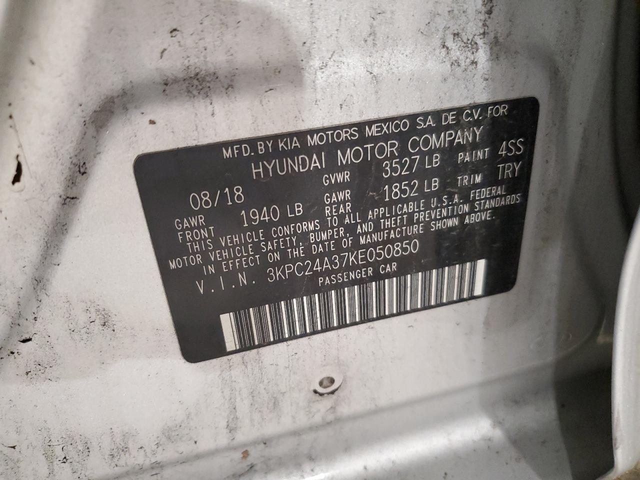 2019 Hyundai Accent Se VIN: 3KPC24A37KE050850 Lot: 61511395