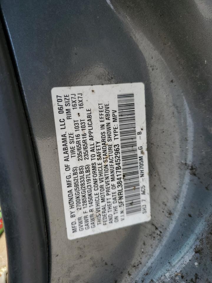 2007 Honda Odyssey Ex VIN: 5FNRL38417B452963 Lot: 61182455