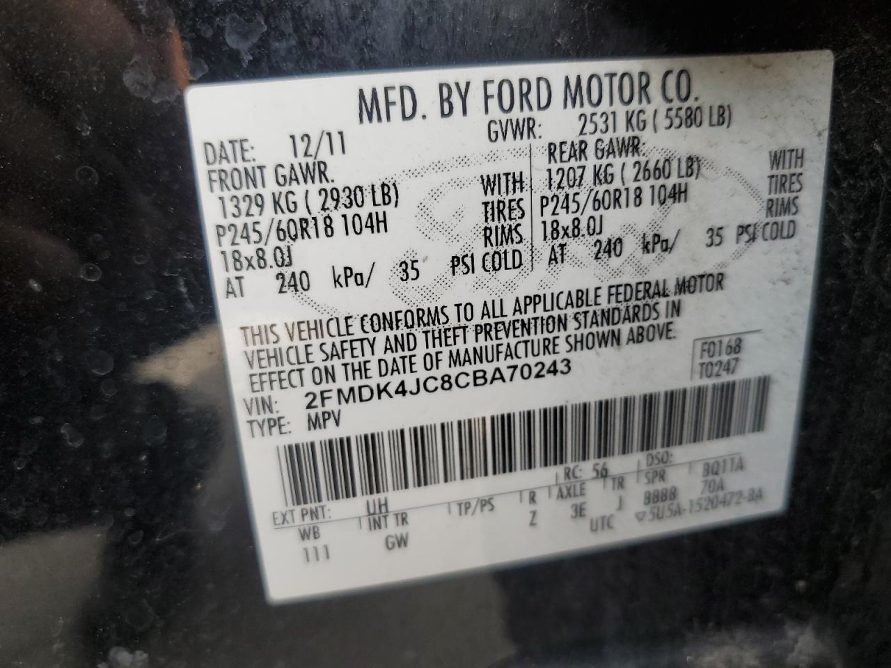2012 Ford Edge Sel VIN: 2FMDK4JC8CBA70243 Lot: 62416995