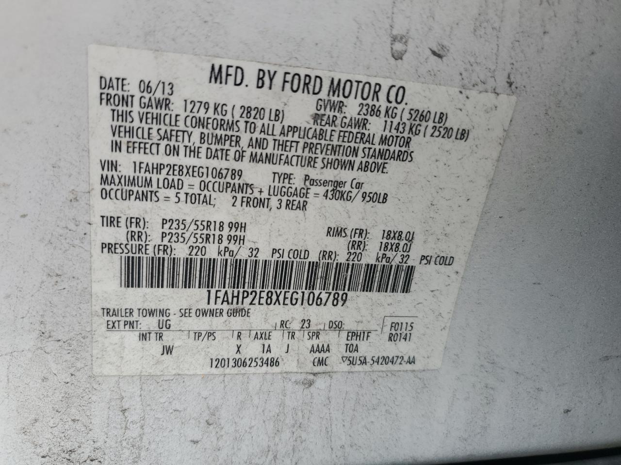 2014 Ford Taurus Sel VIN: 1FAHP2E8XEG106789 Lot: 62507855