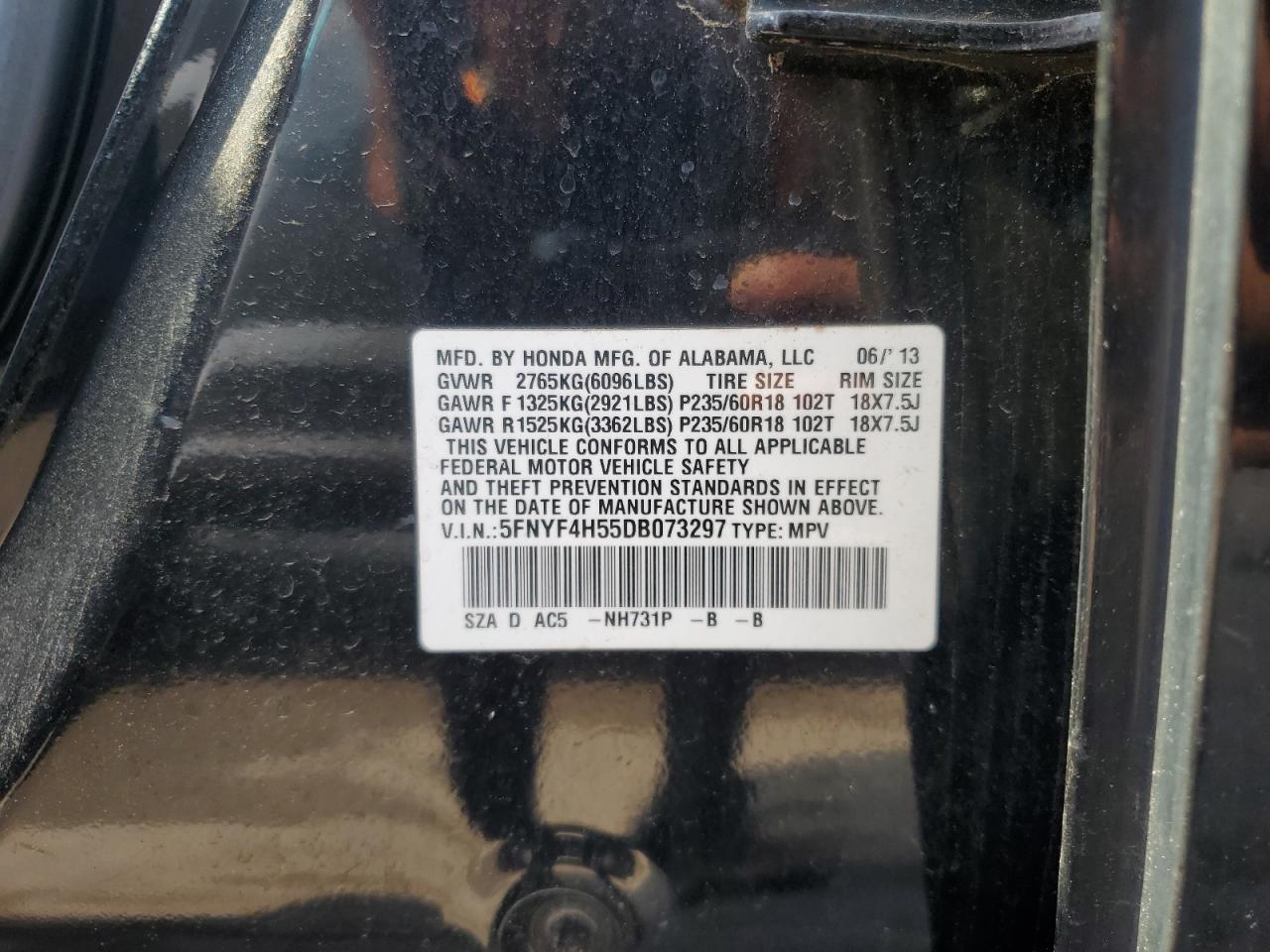 2013 Honda Pilot Exl VIN: 5FNYF4H55DB073297 Lot: 62596915