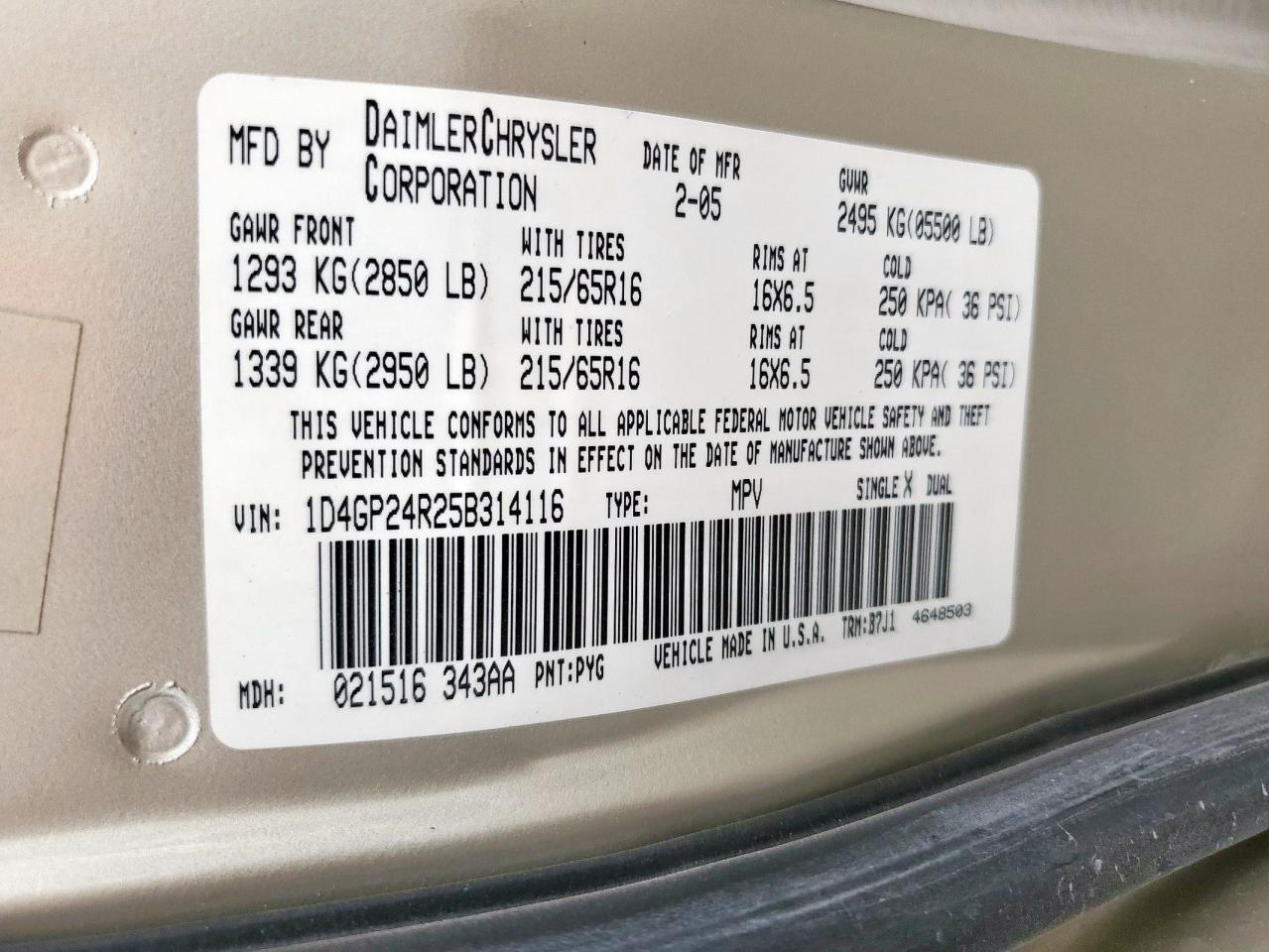 2005 Dodge Grand Caravan Se VIN: 1D4GP24R25B314116 Lot: 61596555