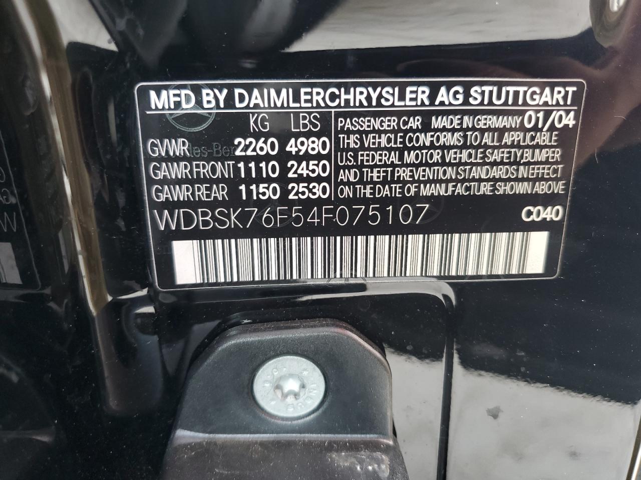 2004 Mercedes-Benz Sl 600 VIN: WDBSK76F54F075107 Lot: 59722725
