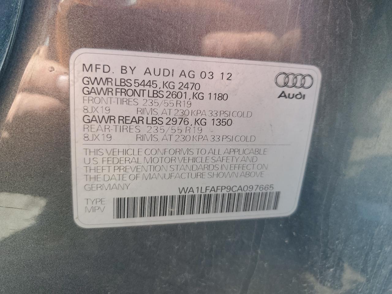 2012 Audi Q5 Premium Plus VIN: WA1LFAFP9CA097665 Lot: 62400905