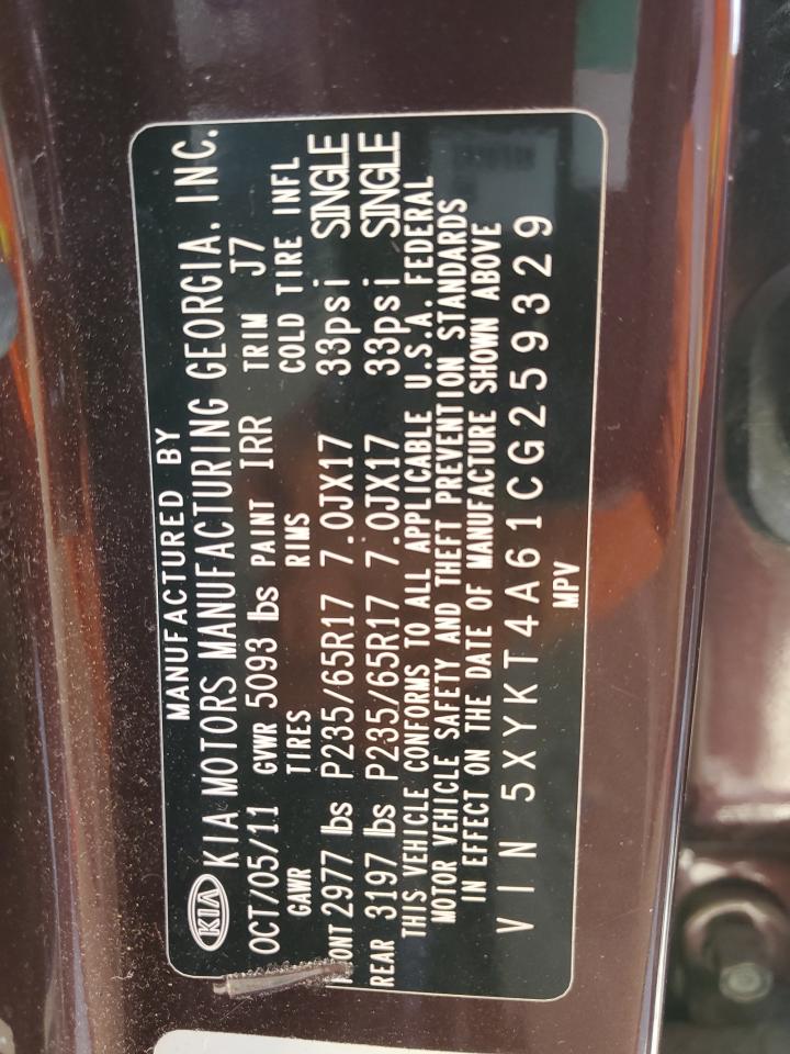 2012 Kia Sorento Base VIN: 5XYKT4A61CG259329 Lot: 62788755