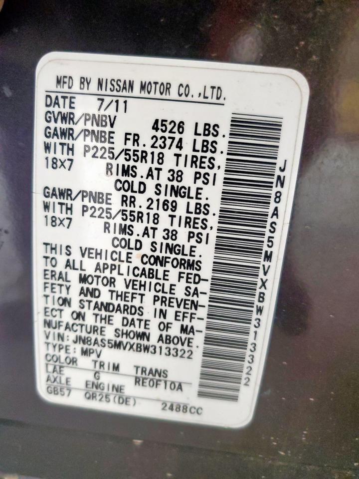 2011 Nissan Rogue S VIN: JN8AS5MVXBW313322 Lot: 59552215