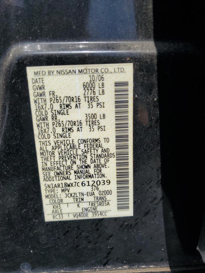 2007 Nissan Pathfinder Le VIN: 5N1AR18WX7C612039 Lot: 63212675