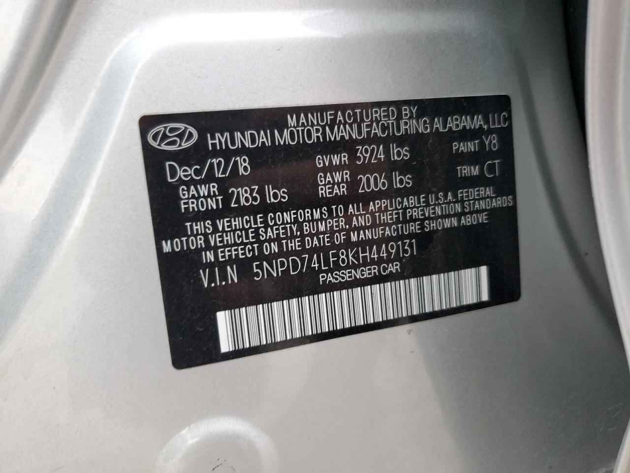 2019 Hyundai Elantra Se VIN: 5NPD74LF8KH449131 Lot: 61051105
