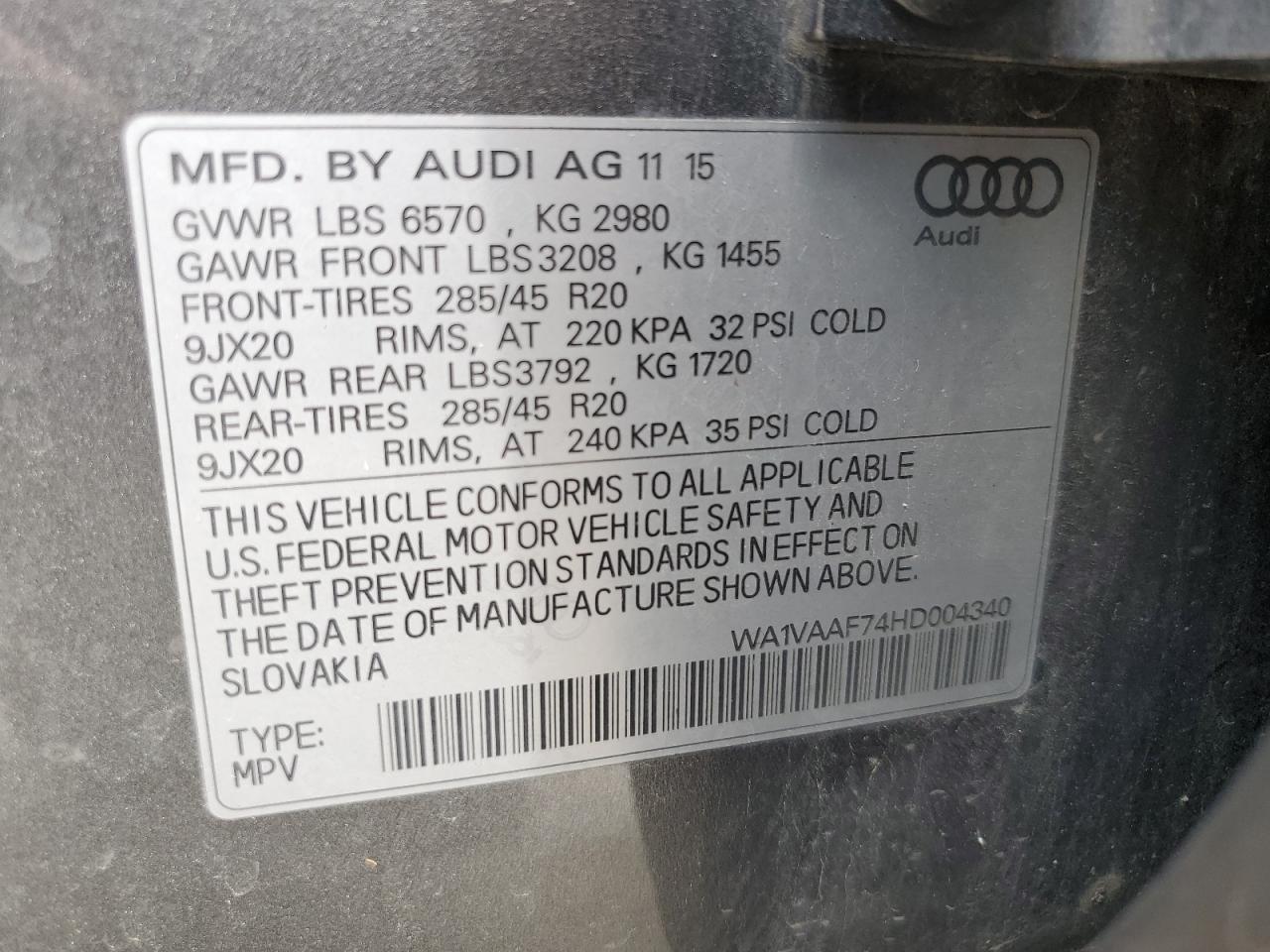 2017 Audi Q7 Prestige VIN: WA1VAAF74HD004340 Lot: 62571195