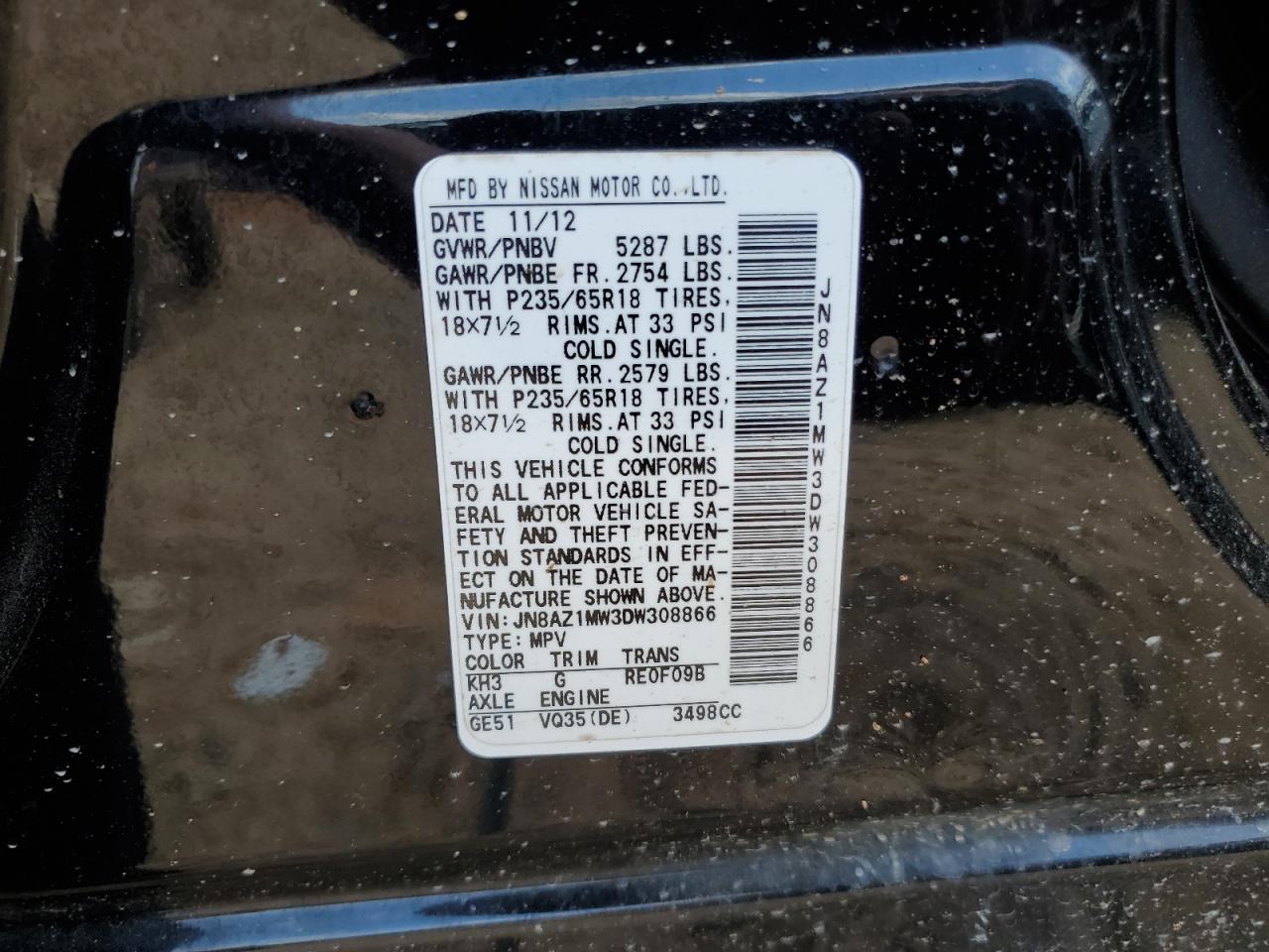 2013 Nissan Murano S VIN: JN8AZ1MW3DW308866 Lot: 61027485