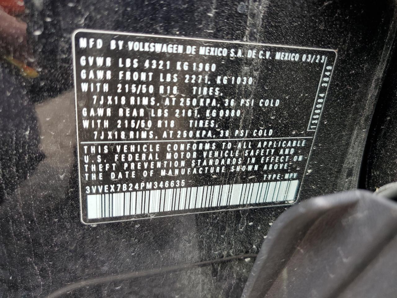 2023 Volkswagen Taos Se VIN: 3VVEX7B24PM346635 Lot: 59343685