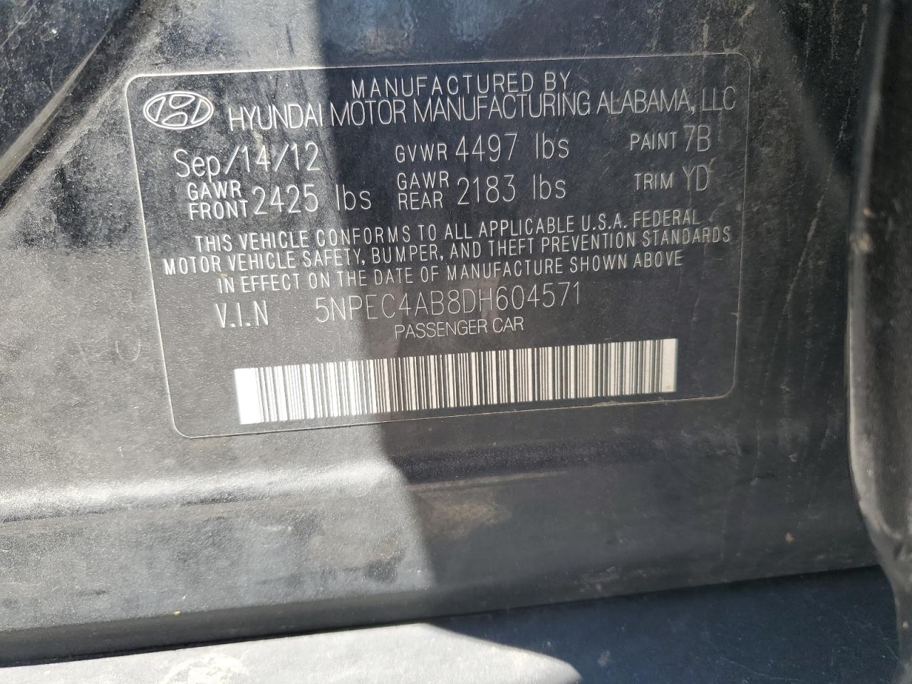 2013 Hyundai Sonata Se VIN: 5NPEC4AB8DH604571 Lot: 61867775