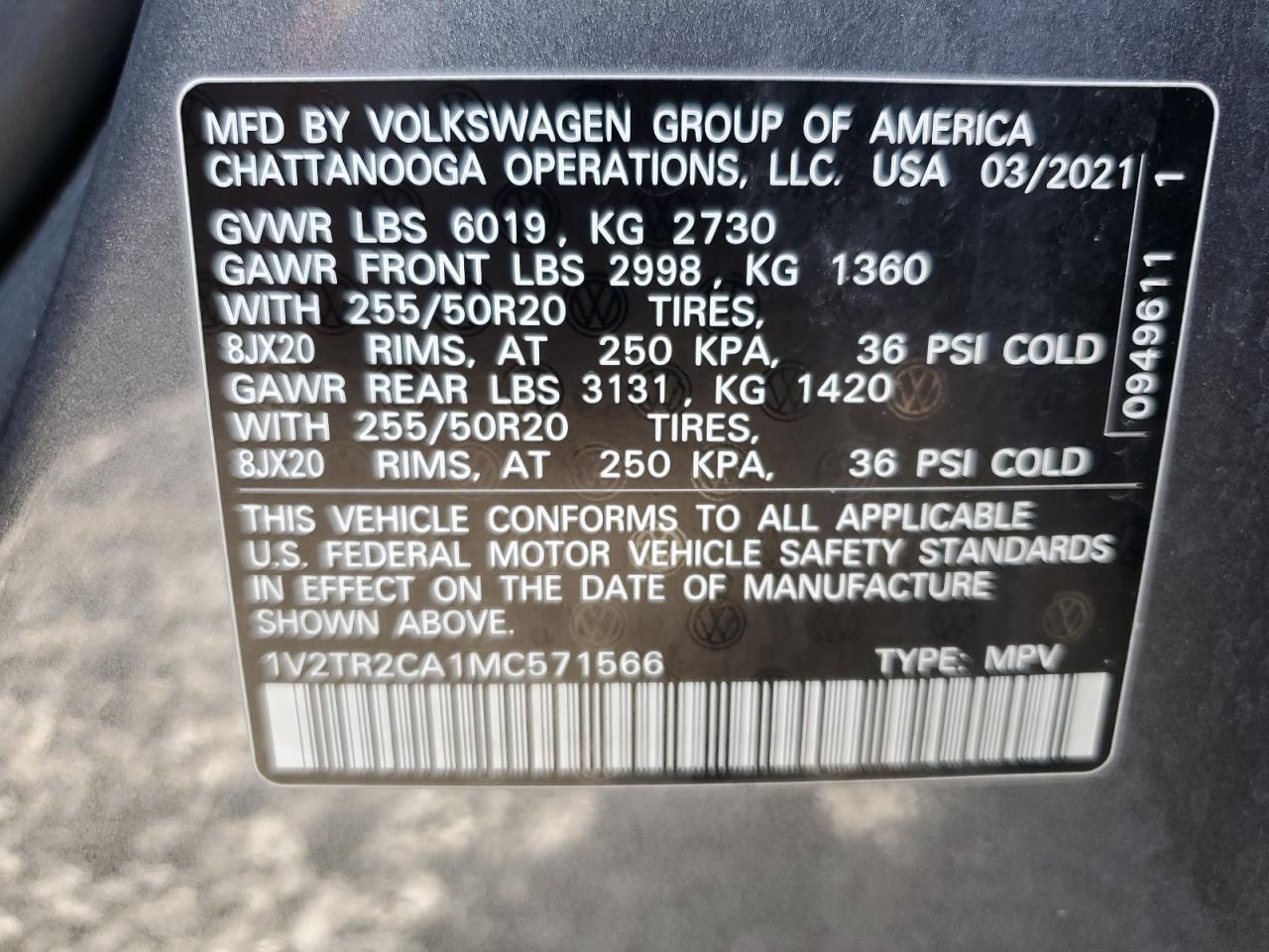 2021 Volkswagen Atlas Sel Premium VIN: 1V2TR2CA1MC571566 Lot: 61709935
