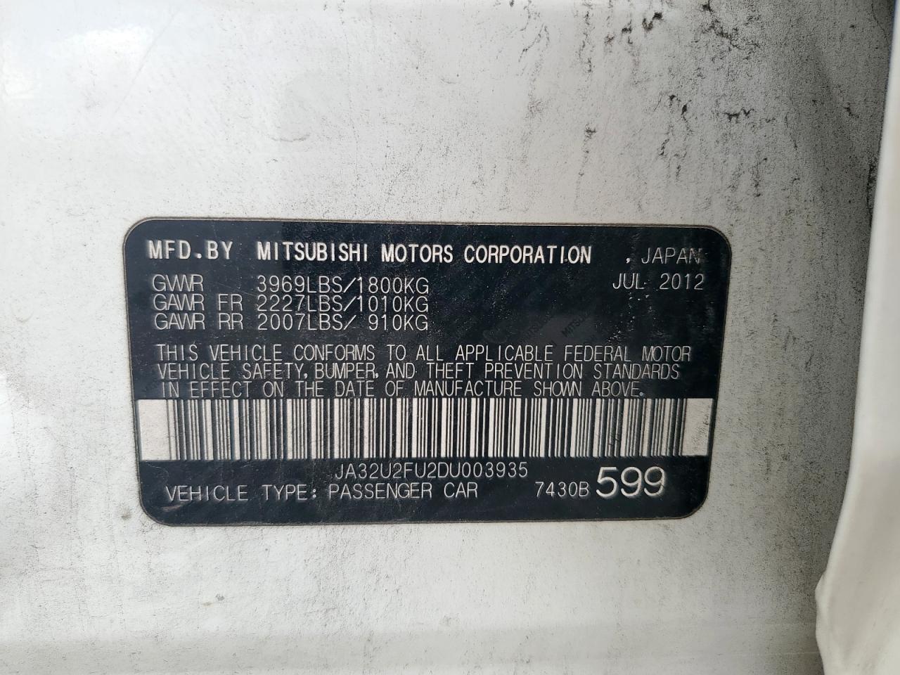 2013 Mitsubishi Lancer Es/Es Sport VIN: JA32U2FU2DU003935 Lot: 62166675