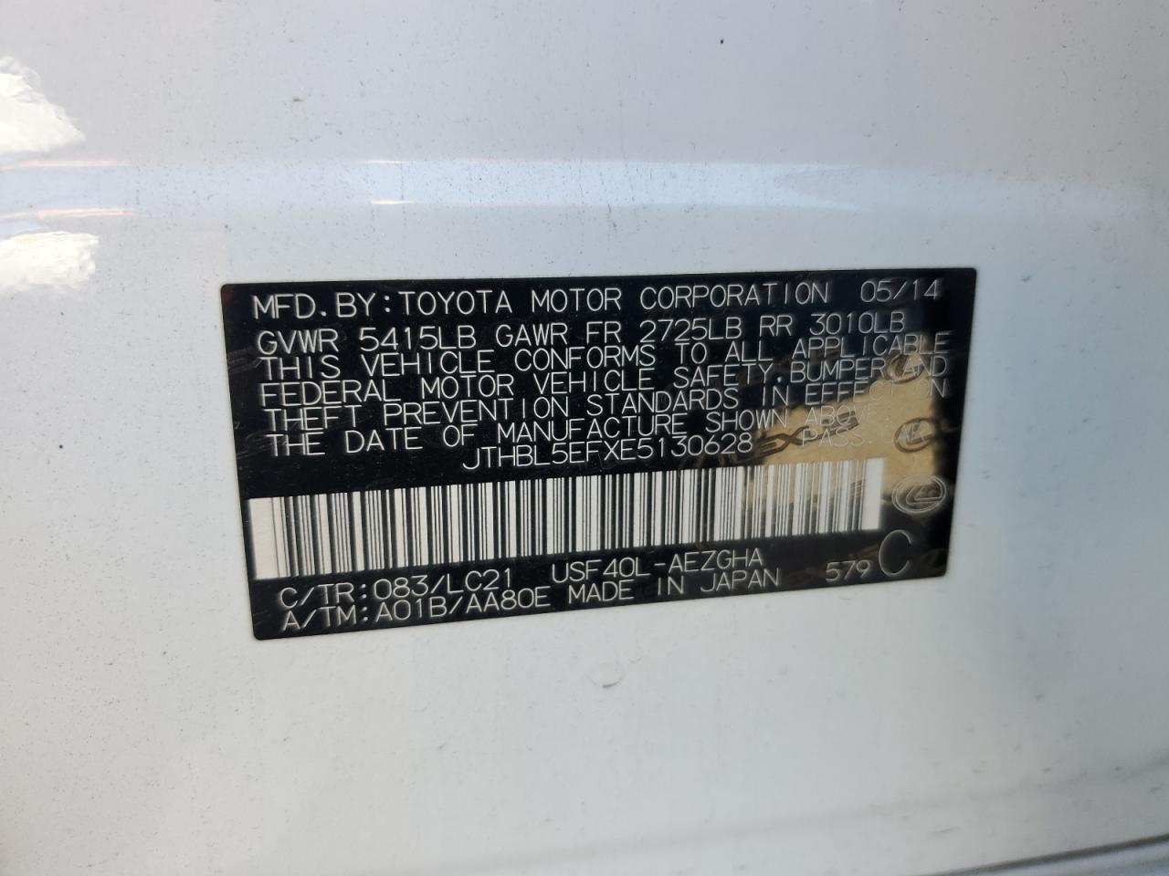 2014 Lexus Ls 460 VIN: JTHBL5EFXE5130628 Lot: 62165795