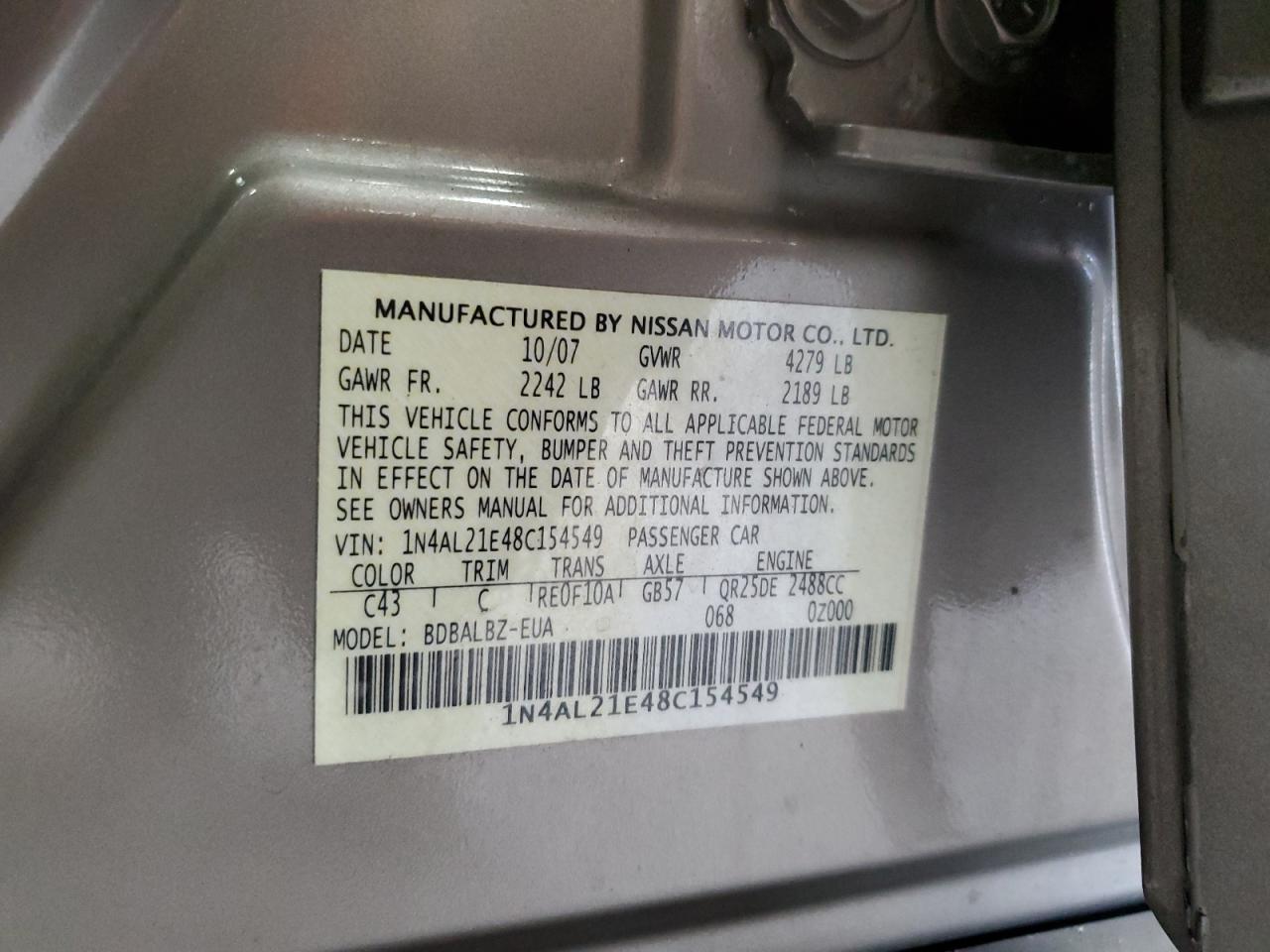 2008 Nissan Altima 2.5 VIN: 1N4AL21E48C154549 Lot: 60620535