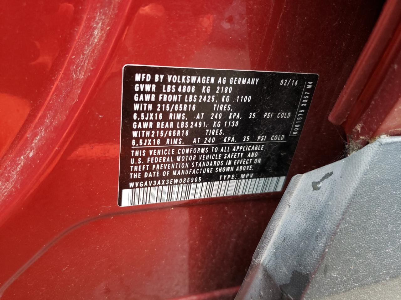 2014 Volkswagen Tiguan S VIN: WVGAV3AX3EW085905 Lot: 59115985