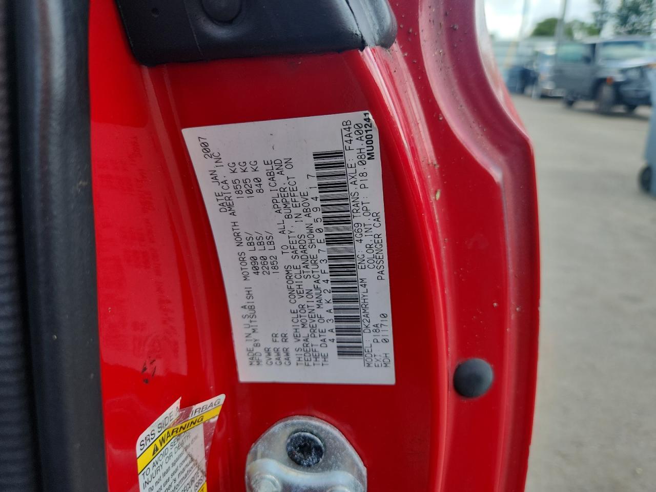 2007 Mitsubishi Eclipse Gs VIN: 4A3AK24F37E059417 Lot: 61283135
