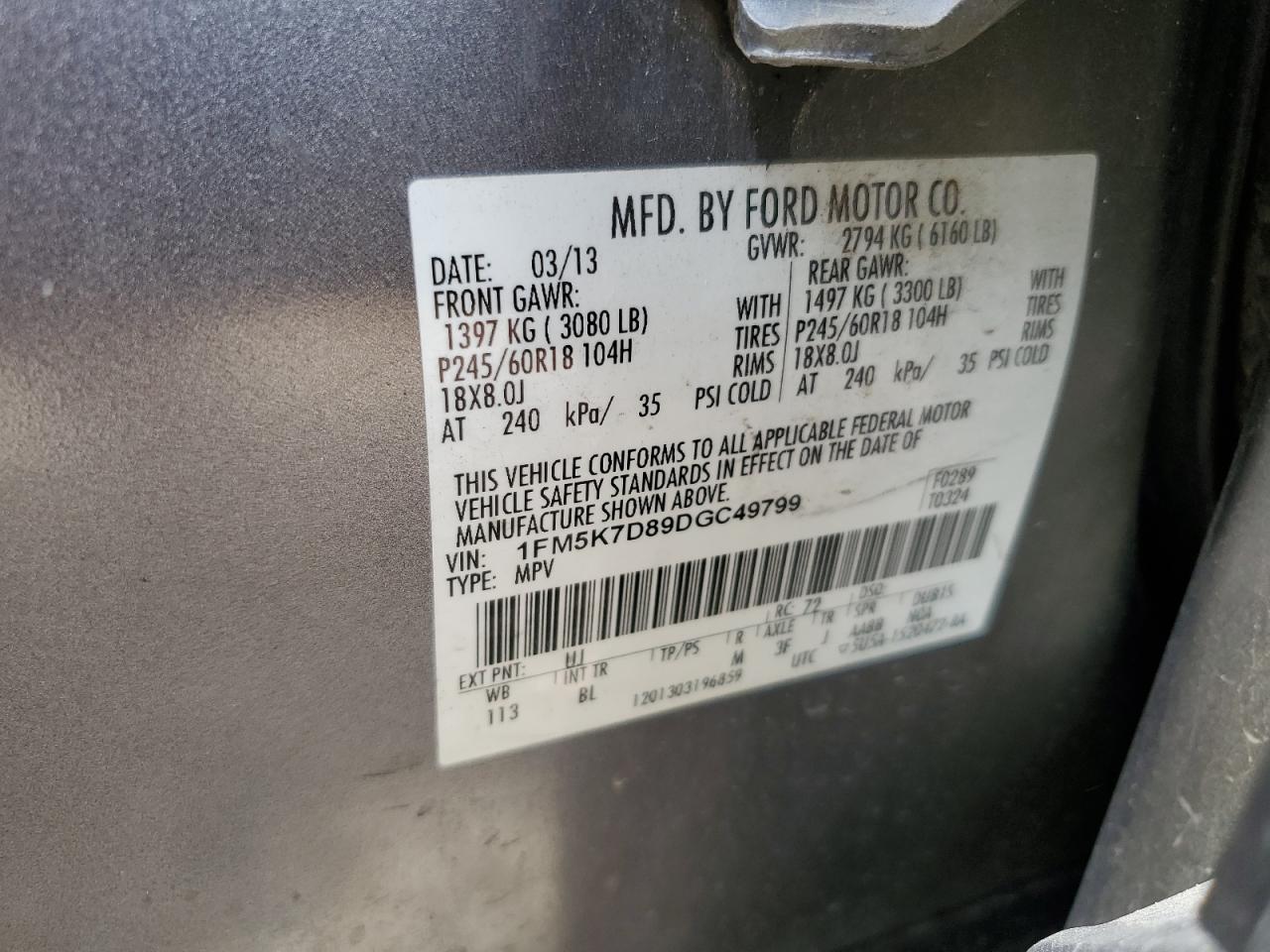 2013 Ford Explorer Xlt VIN: 1FM5K7D89DGC49799 Lot: 61996465