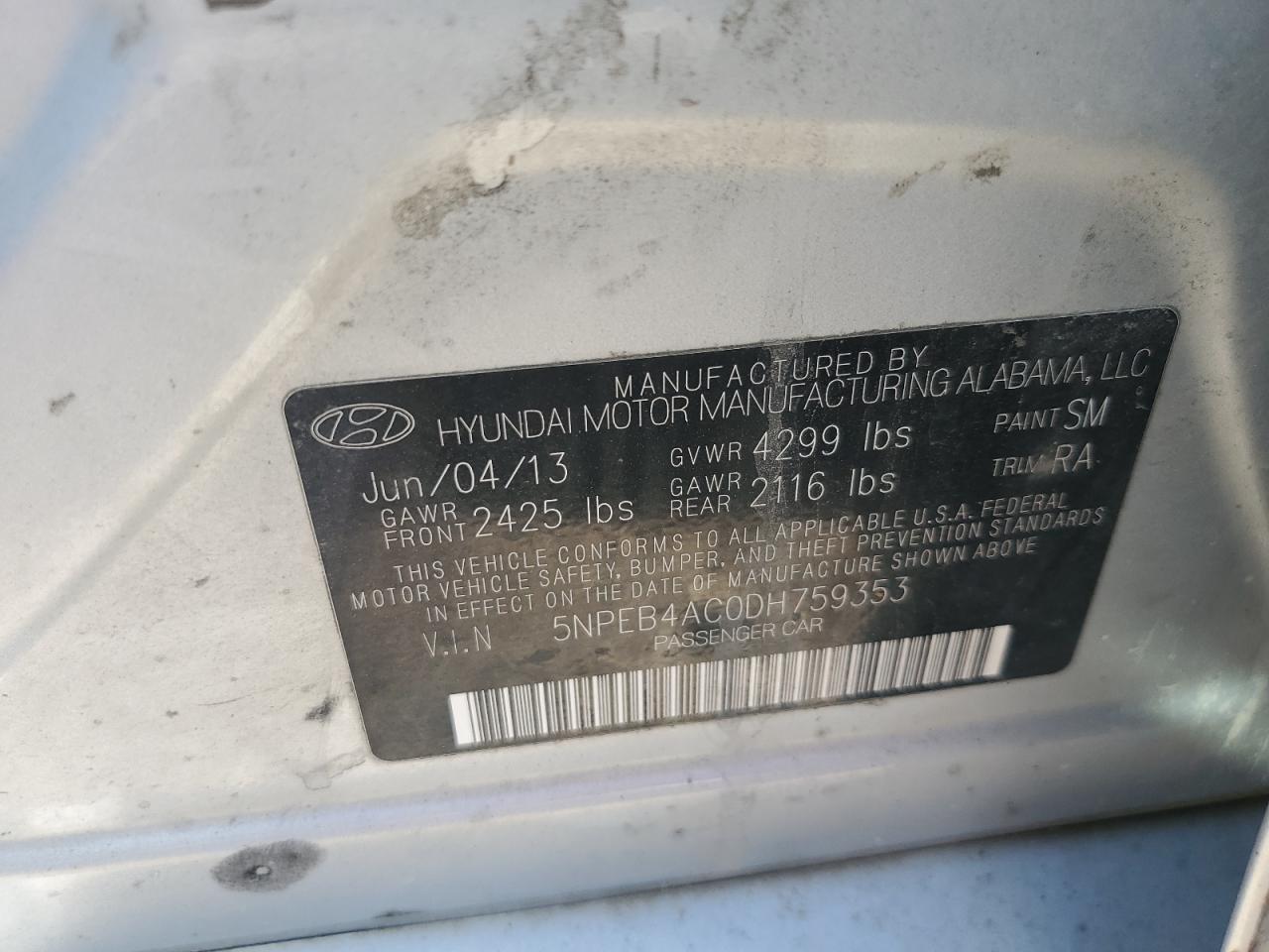 2013 Hyundai Sonata Gls VIN: 5NPEB4AC0DH759353 Lot: 60884285