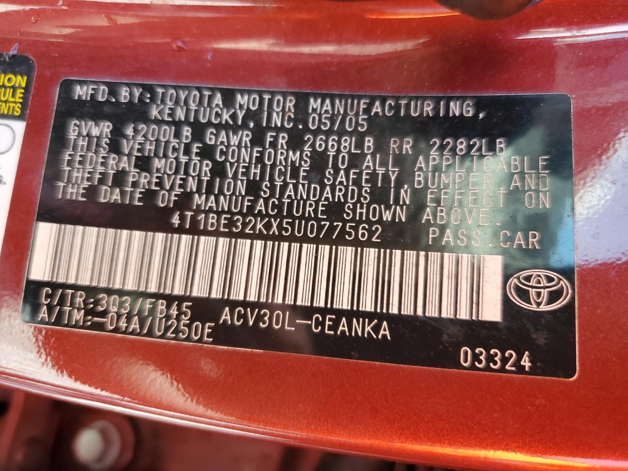 2005 Toyota Camry Le VIN: 4T1BE32KX5U077562 Lot: 62060625